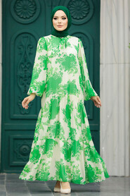 Neva Style - Green Hijab Turkish Dress 18601Y - Thumbnail