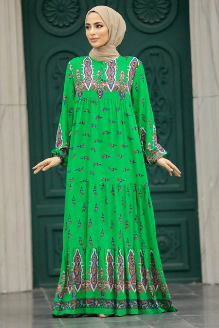  Green Islamic Clothing Dress 50092Y - NEVA STYLE