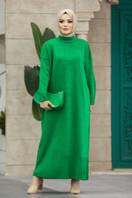 Neva Style - Green Long Dress for Muslim Ladies Knitwear Dress 3409Y - Thumbnail