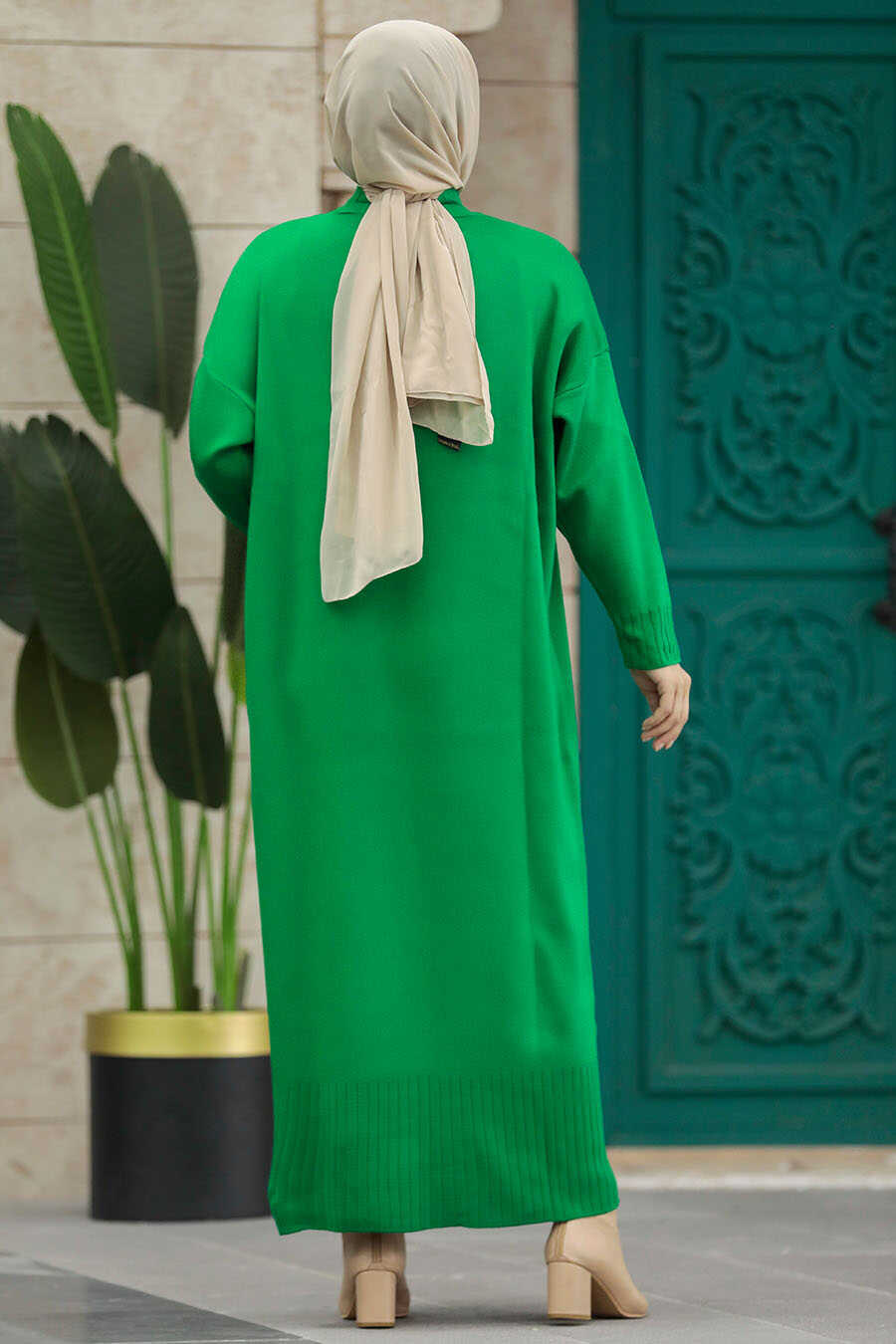 Neva Style - Green Long Dress for Muslim Ladies Knitwear Dress 3409Y
