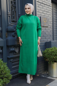  Green Long Dress for Muslim Ladies Knitwear Dress 3409Y - 1