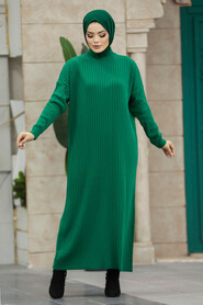 Neva Style - Green Long Muslim Knitwear Dress 33671Y - Thumbnail