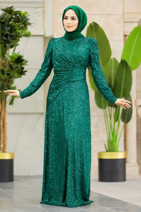  Green Muslim Long Sleeve Dress 39471Y - NEVA STYLE