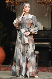  Grey Long Muslim Dress 33092GR - 3