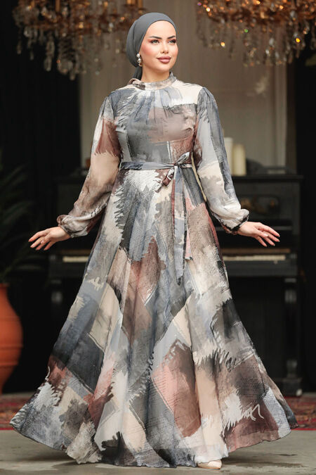  Grey Long Muslim Dress 33092GR - NEVA STYLE