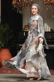  Grey Long Muslim Dress 33092GR - 2
