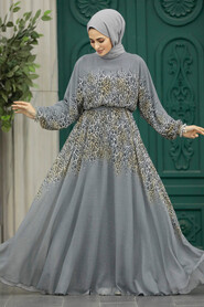 Grey Muslim Long Dress Style 39821GR - 2