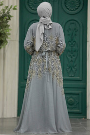  Grey Muslim Long Dress Style 39821GR - 3