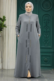  Grey Plus Size Turkish Abaya 616GR - 1