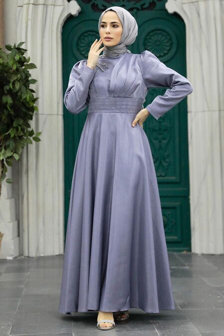  Grey Turkish Hijab Evening Dress 22301GR - NEVA STYLE