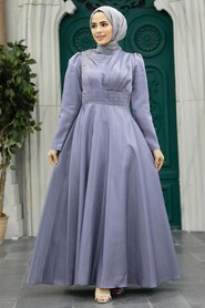  Grey Turkish Hijab Evening Dress 22301GR - 1