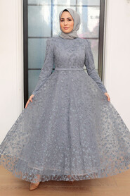  Grey Turkish Hijab Wedding Dress 22510GR - 2