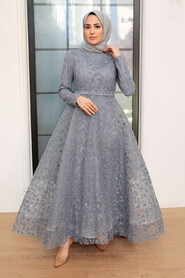  Grey Turkish Hijab Wedding Dress 22510GR - 1
