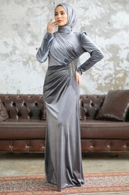 Neva Style - Grey Velvet Hijab Dress 36891GR - Thumbnail