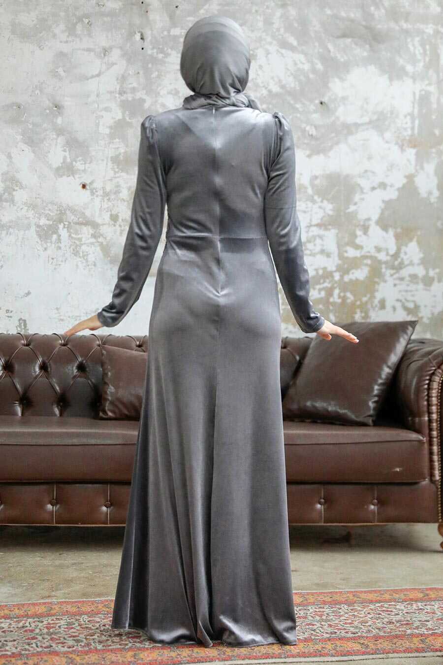 Neva Style - Grey Velvet Hijab Dress 36891GR