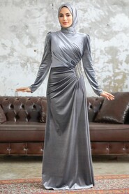 Neva Style - Grey Velvet Hijab Dress 36891GR - Thumbnail
