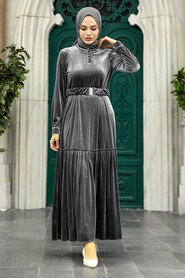  Grey Velvet Hijab Dress 36971GR - NEVA STYLE