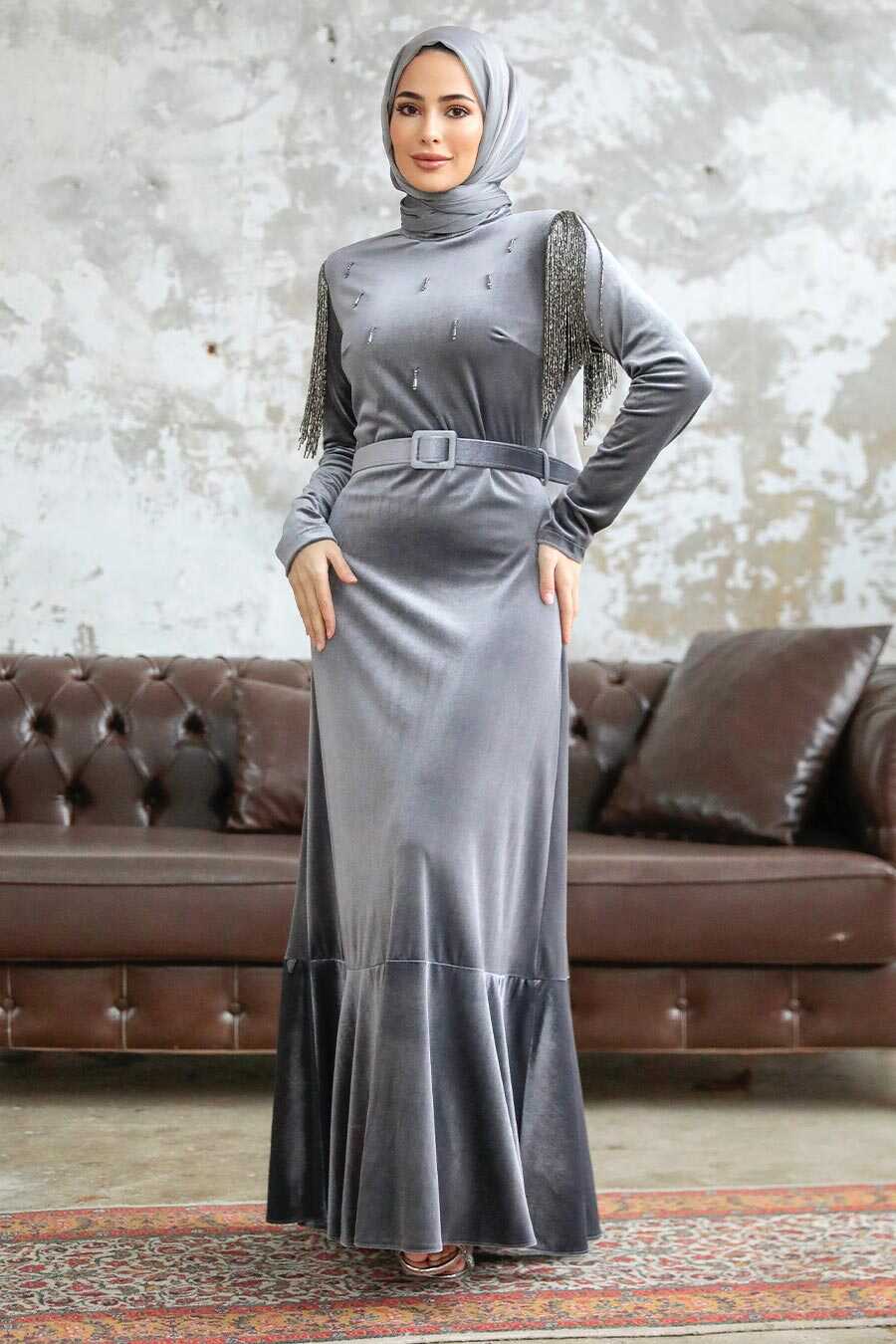  Neva Style - Grey Velvet Islamic Clothing Dress 3748GR