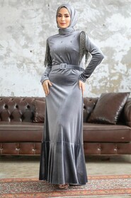  Neva Style - Grey Velvet Islamic Clothing Dress 3748GR - Thumbnail