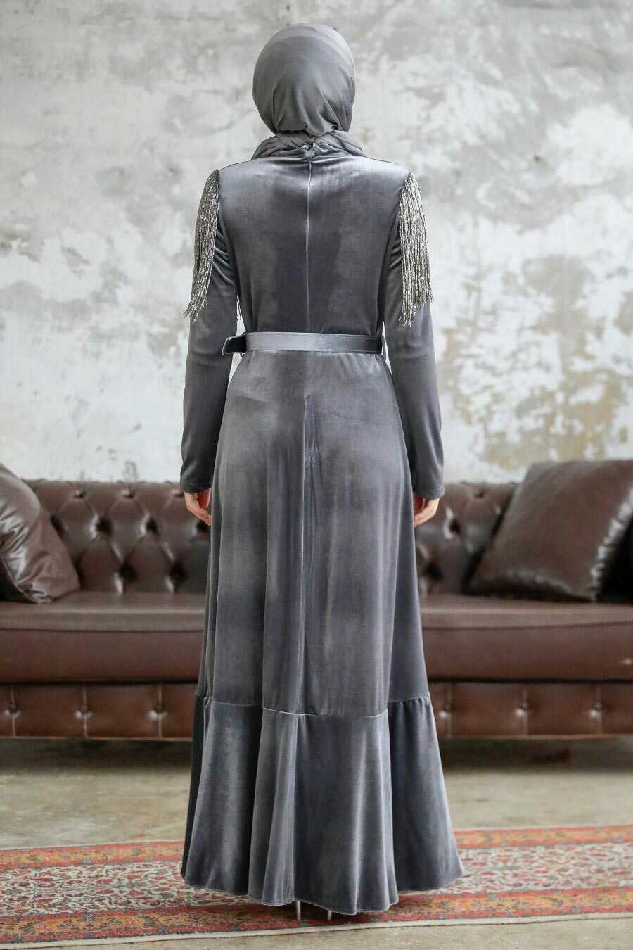  Neva Style - Grey Velvet Islamic Clothing Dress 3748GR