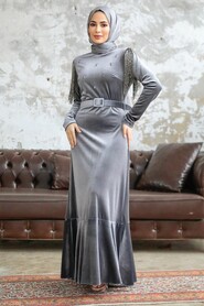  Grey Velvet Islamic Clothing Dress 3748GR - 1