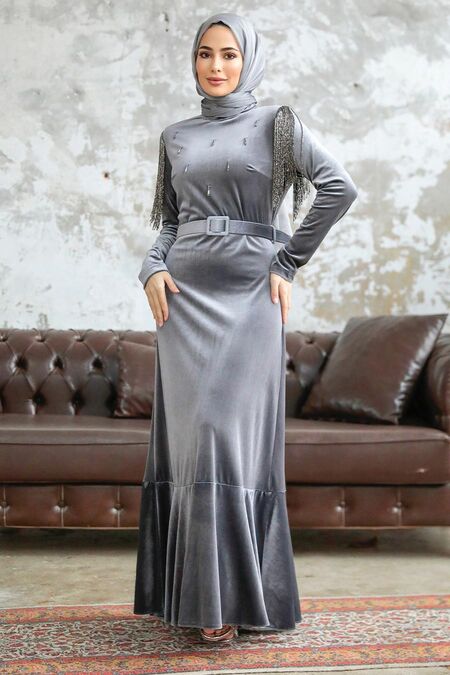  Grey Velvet Islamic Clothing Dress 3748GR - NEVA STYLE