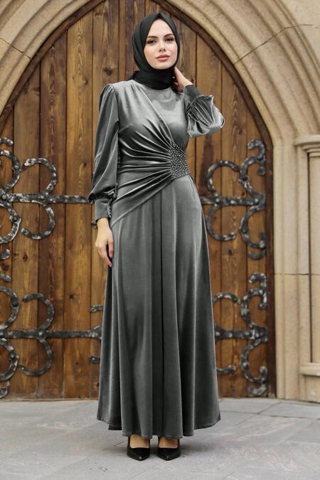 Grey Velvet Long Dress 3845GR - Neva-style.com