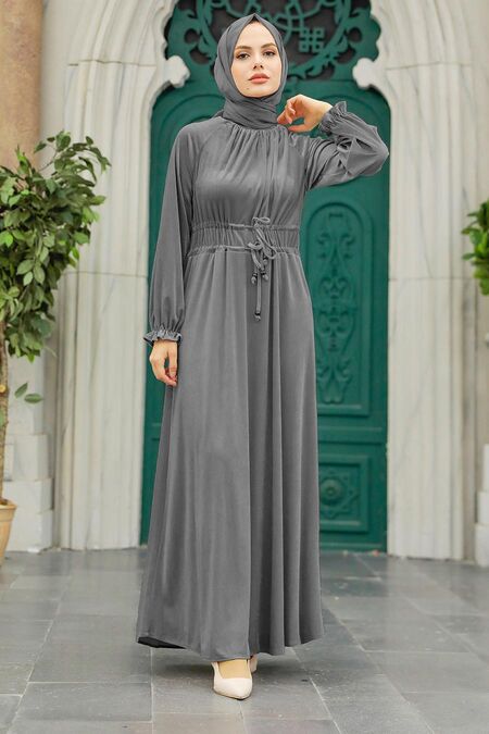 Grey Velvet Long Dress for Muslim Ladies 36921GR - Neva-style.com