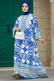Neva Style - İndigı Blue Long Muslim Dress 51951IM - Thumbnail
