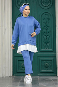  İndigo Blue Hijab For Women Dual Suit 7108IM - Thumbnail