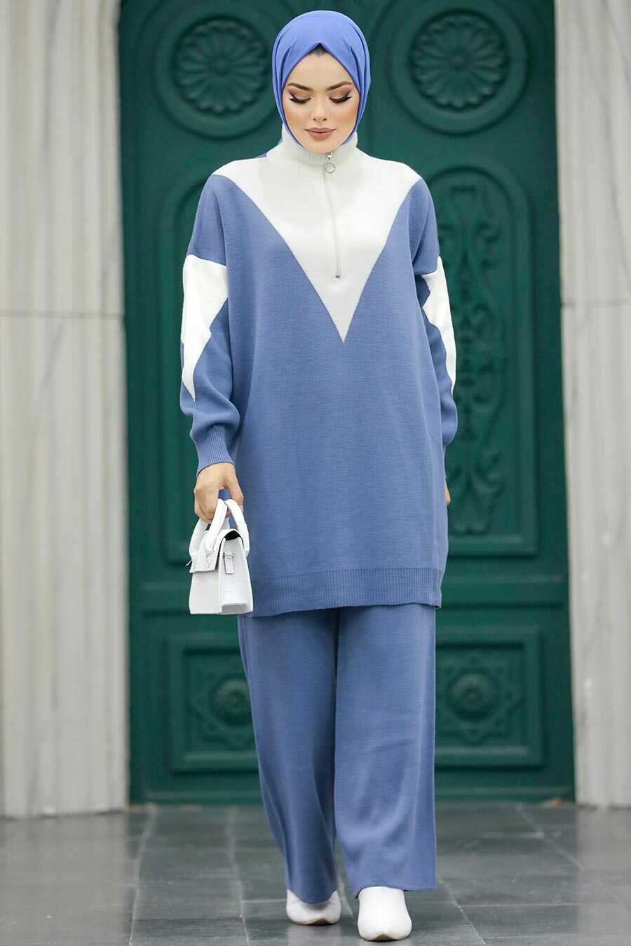 Neva Style - İndigo Blue Hijab Knitwear Dual Suit 3433IM