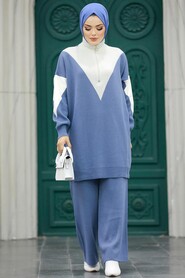 Neva Style - İndigo Blue Hijab Knitwear Dual Suit 3433IM - Thumbnail