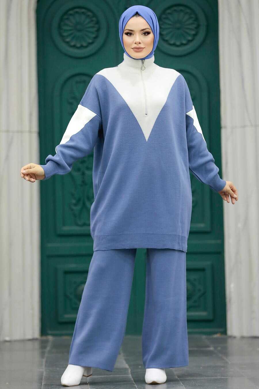 Neva Style - İndigo Blue Hijab Knitwear Dual Suit 3433IM