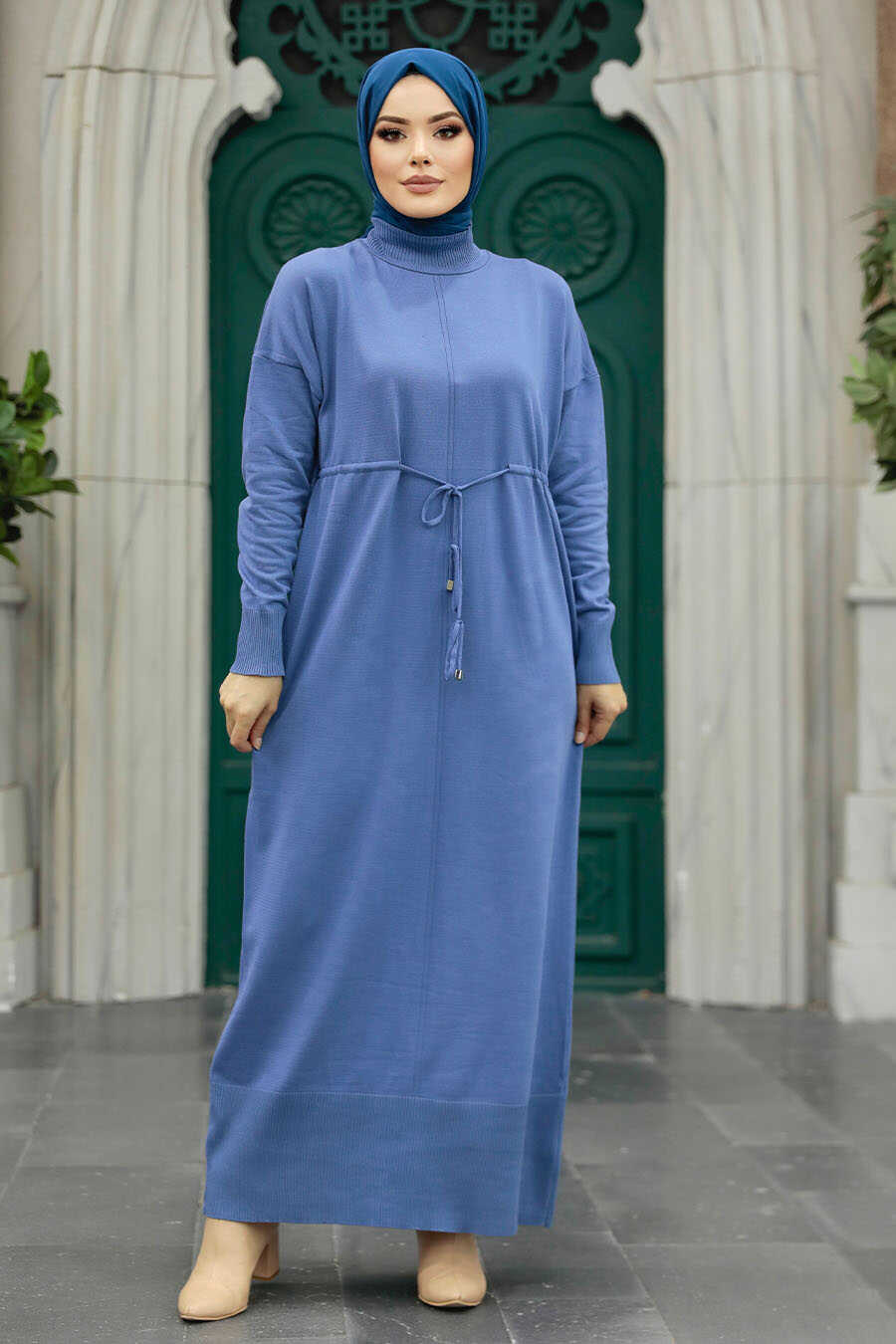 Neva Style - İndigo Blue Hijab Mercerized Dress 10158IM