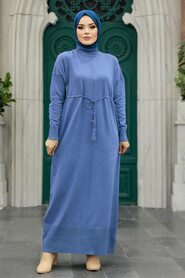 Neva Style - İndigo Blue Hijab Mercerized Dress 10158IM - Thumbnail