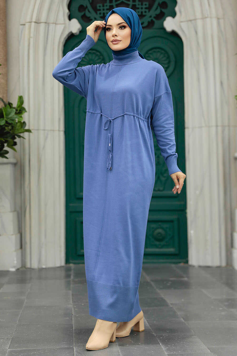 Neva Style - İndigo Blue Hijab Mercerized Dress 10158IM