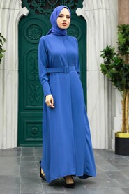  İndigo Blue Hijab Turkish Dress 10078IM - 2