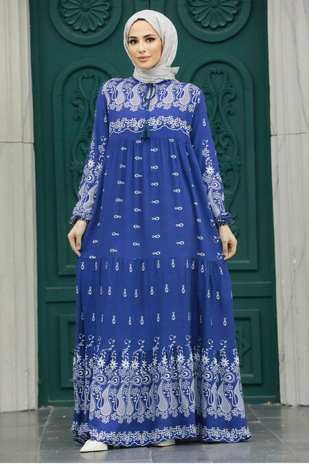  İndigo Blue Hijab Turkish Dress 50093IM - NEVA STYLE