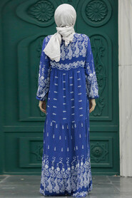  İndigo Blue Hijab Turkish Dress 50093IM - 3