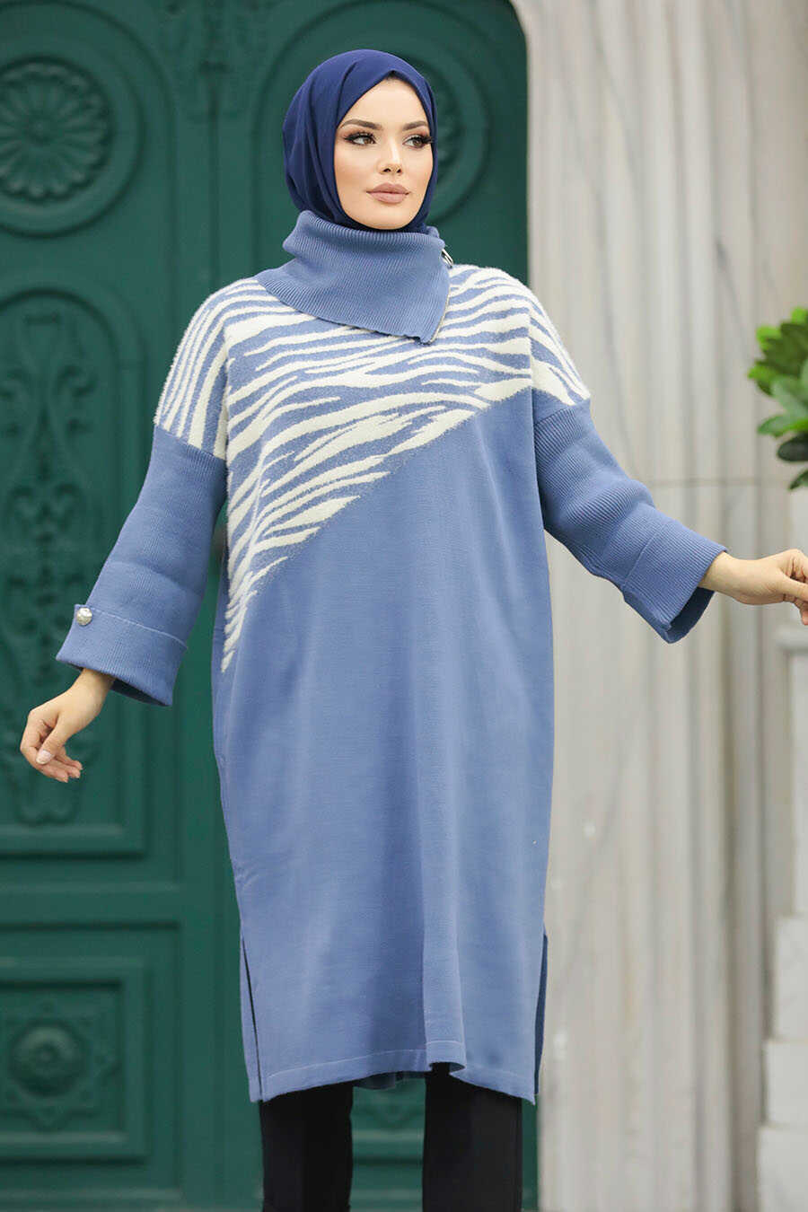 Neva Style - İndigo Blue Knitwear Muslim Tunic 20651IM