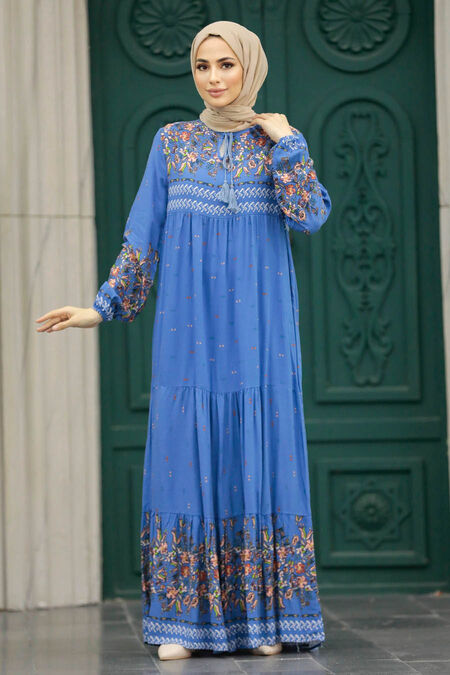 İndigo Blue Long Dress for Muslim Ladies 50095IM - NEVA STYLE