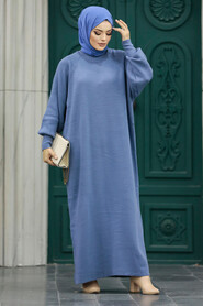 Neva Style - İndigo Blue Long Knitwear Dress 34293IM - Thumbnail