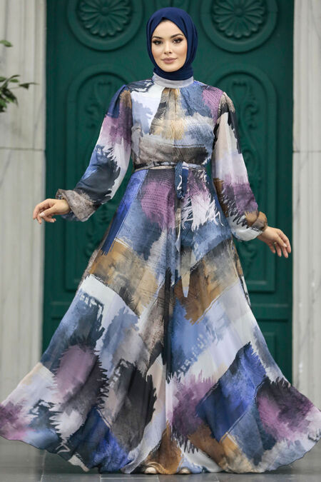  İndigo Blue Long Muslim Dress 33092IM - NEVA STYLE