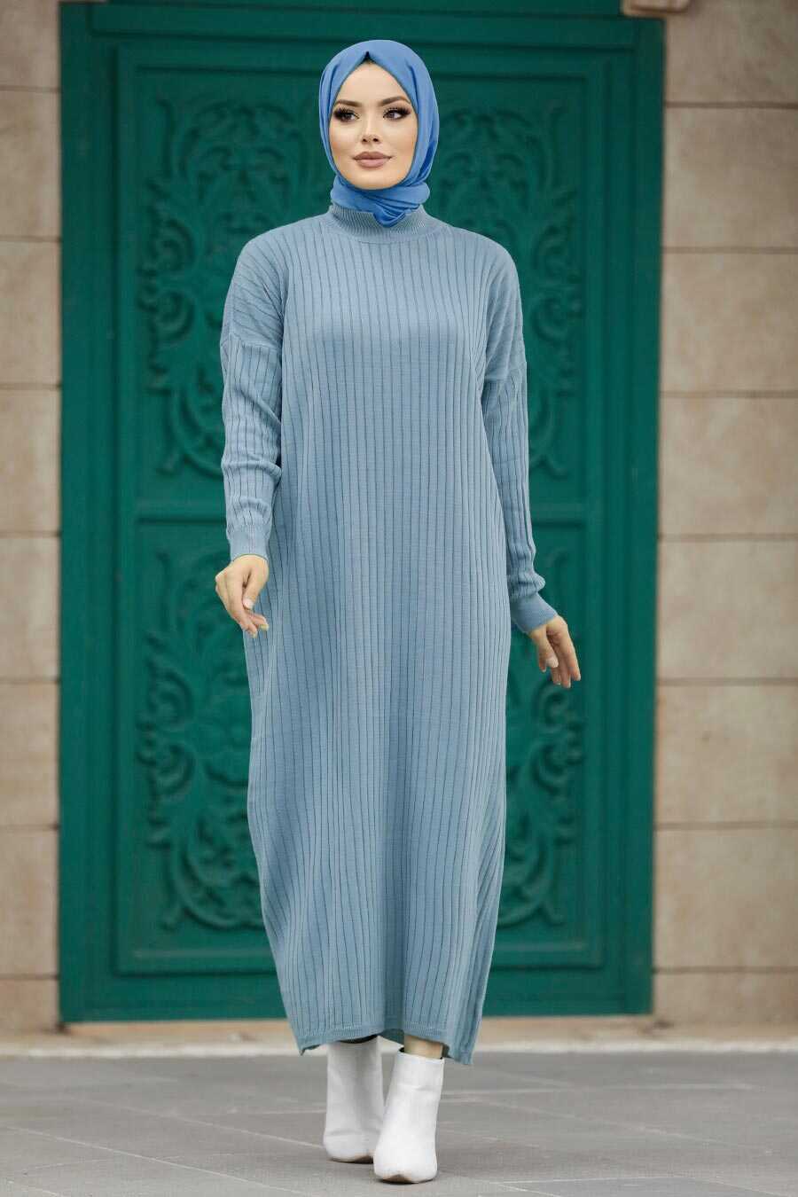 Neva Style - İndigo Blue Long Muslim Knitwear Dress 33671IM