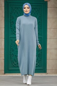  İndigo Blue Long Muslim Knitwear Dress 33671IM - NEVA STYLE