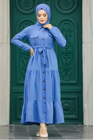 Neva Style - İndigo Blue Long Sleeve Dress 40971IM - Thumbnail