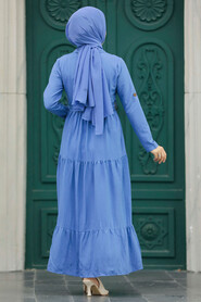 Neva Style - İndigo Blue Long Sleeve Dress 40971IM - Thumbnail