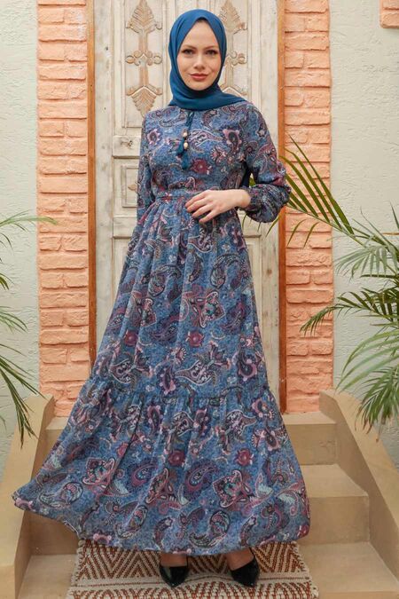  İndigo Blue Muslim Dress 3356IM - NEVA STYLE