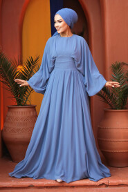  İndigo Blue Turkish Hijab Engagement Gown 60681IM - 2