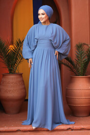  İndigo Blue Turkish Hijab Engagement Gown 60681IM - 3